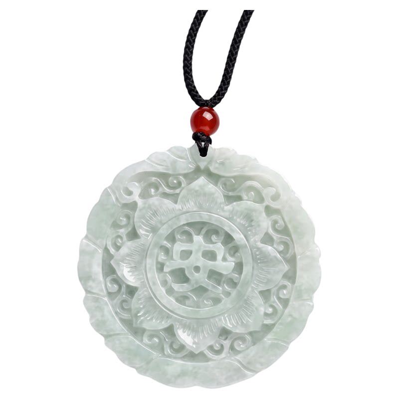 缅甸翡翠A货糯种莲花平安牌吊坠