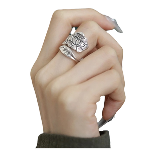 925纯银牡丹花小众新中式开口实心国风戒指女个性复古民族风时尚