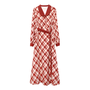 红豆恋人~法式复古翻领收腰显瘦中长款拼色减龄长袖波点连衣裙