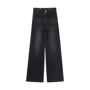 黑色厚绒窄版阔腿牛仔裤女2026年早春新款高腰显瘦宽松拖地直筒裤
