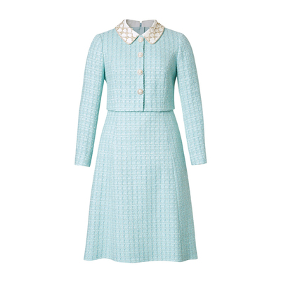 拉蒂寇资同款气质中长裙钉珠2025秋冬季新款时尚假两件香风连衣裙