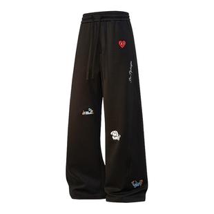 查尔斯桃心美式小狗弯刀裤子男女秋冬季加绒卫裤加厚直筒休闲长裤