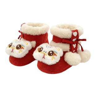红色婴儿鞋冬季男女童小月龄宝宝加绒保暖雪地靴子喜庆虎头学步鞋