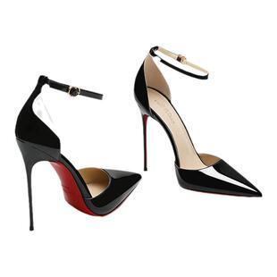 黑色红底高跟鞋女细跟尖头2025新款性感一字带高跟鞋中空包头凉鞋
