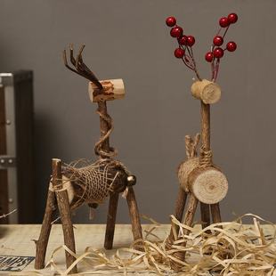 日系木质麋鹿一对情侣玄关摆设房间家居婚庆窗台摆件鹿角民宿桌面