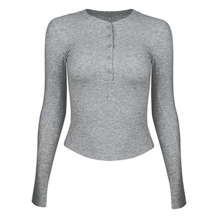 瑜伽服女秋新款亨利领修身灰色运动上衣跑步普拉提训练服健身长袖