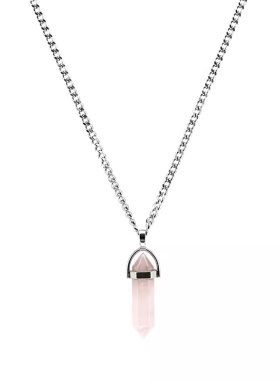 粉水晶柱钛钢蛇骨链男女项链吊坠