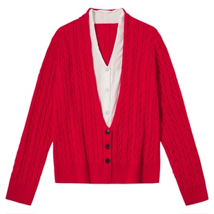 PSO Brand女装仿兔绒假两件麻花纹V领女士毛衣开衫休闲针织上衣