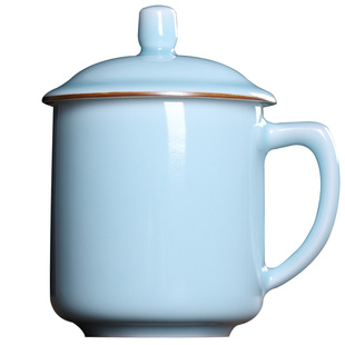 青瓷茶杯陶瓷高端办公杯带盖喝茶杯子水杯家用会议室泡茶杯马克杯