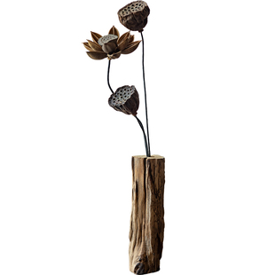 中式复古禅意客厅实木干花花瓶摆件茶室茶桌插花木头装饰品摆设