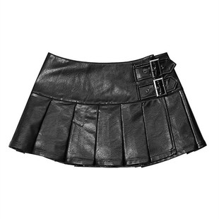 大码美式复古高腰PU皮裙半身裙女秋季小个子黑色a字百褶皮短裙子