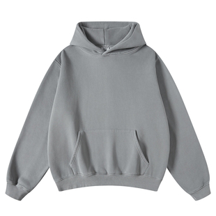 重磅加绒连帽卫衣男秋冬款潮牌侃爷高街水洗做旧纯色宽松廓形上衣