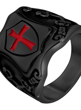 十字盾牌钛钢戒指复古镶贝壳方形