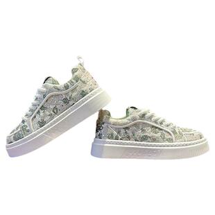 男鞋2025春季新款时尚百搭厚底低帮板鞋布面烫钻印花系带休闲鞋潮