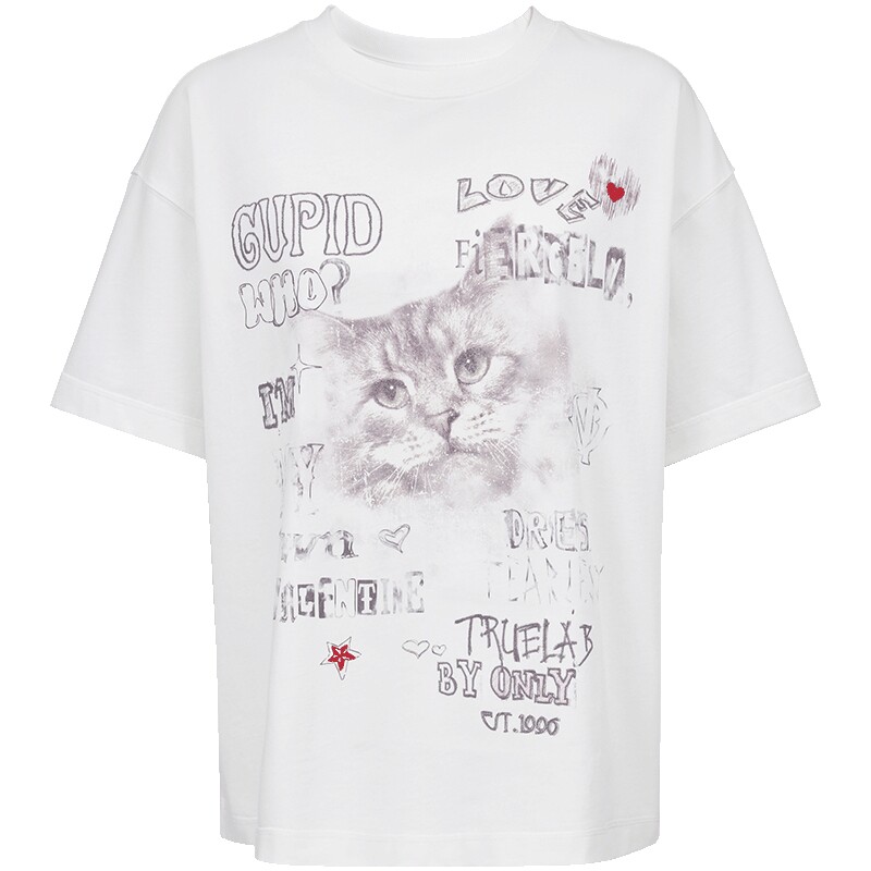 ONLY纯棉可爱猫咪刺绣字母T恤