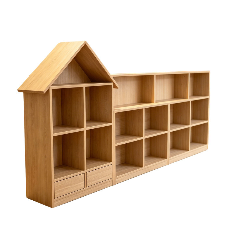 原木木屋造型玩具中岛架母婴童装店多格玩偶积木商用落地陈列柜
