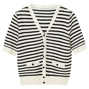 LANCY/朗姿2024夏季新款V领短款黑白条纹针织开衫女气质短袖上衣