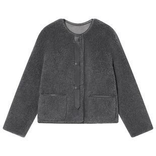 Goodland美地环保仿皮草外套女圆领短款大衣2024年冬季新品