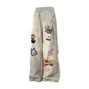 查尔斯桃心美式扎染加绒休闲裤男冬季褶皱拼接图案印花直筒长裤子