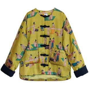 不蔓不枝【金岚】40姆米缎面香云纱印花棉衣长绒棉仕女图复古冬季