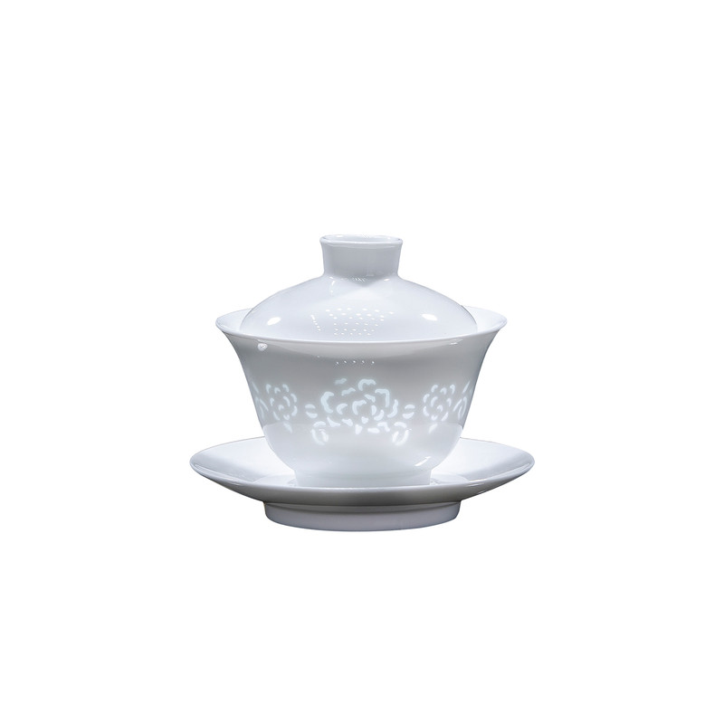 玲珑白色陶瓷三才盖碗茶具套装