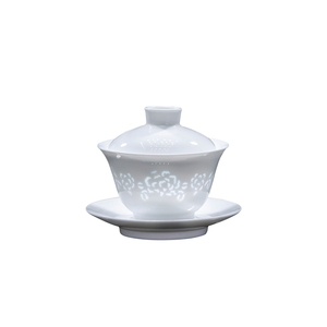 玲珑白色陶瓷三才盖碗茶具套装