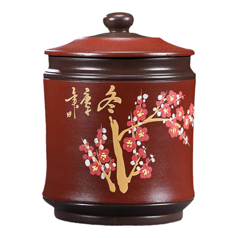 宜兴紫砂茶叶罐家用密封7到十饼装手工泥绘春夏秋冬