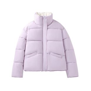真维斯紫色立领短款棉袄女款2026新款保暖冬季棉服厚面包服外套W