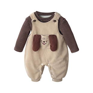 2025冬季新品男宝加绒条纹打底衫夹棉背带裤两件套婴幼儿外出套装