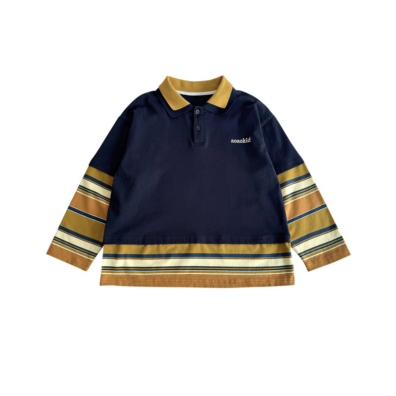 时尚字母刺绣条纹假两件拼色POLO