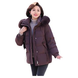 鸭鸭妈妈中长款羽绒服中年女加厚保暖冬装中老年洋气毛领连帽外套