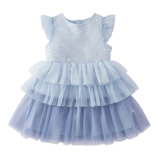 女童公主裙夏宝宝蓝色渐变短袖纱裙儿童派对小童2026新款裙子