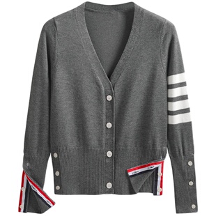 TB开衫毛衣女薄款内搭V领打底针织衫上衣洋气高腰短款修身小外套