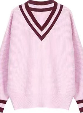 学院风撞色V领毛衣女秋宽松上衣