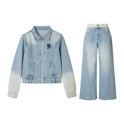Uena水洗做旧牛仔外套直筒裤套装