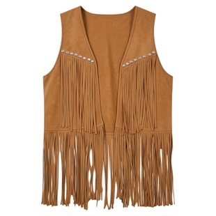 Rivet tassel deerskin velvet vest街头 铆钉流苏棕色鹿皮绒马甲