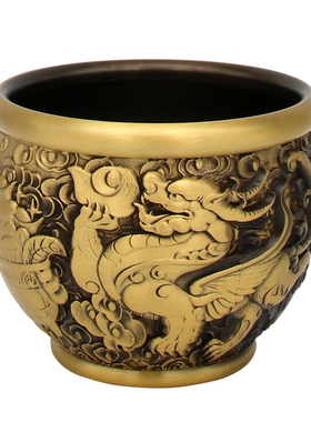 创意纯黄铜中式复古招财缸摆件