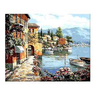 数字油画风景diy填充涂色填色画解压成人手工手绘水彩画温情港湾