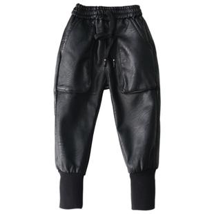 儿童宝宝皮裤秋冬男童一体加绒加厚中大童运动哈伦裤女童裤子外穿