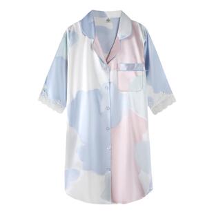 浪莎睡裙女士夏季凉感冰丝七分袖衬衫连衣裙性感纯欲风家居服睡衣