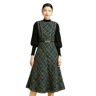 SUSSI/古色冬季新款商场同款粗花呢无袖皮带收腰小香风连衣裙