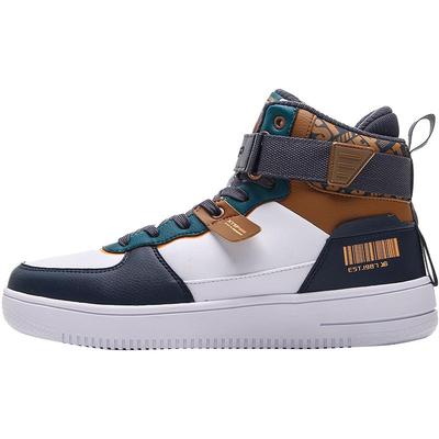 特步男板鞋高帮皮面防水撞色拼接