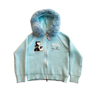 Bronze Lucia冰雾蓝绒针织连帽开衫原创设计修身打底针织衫外套