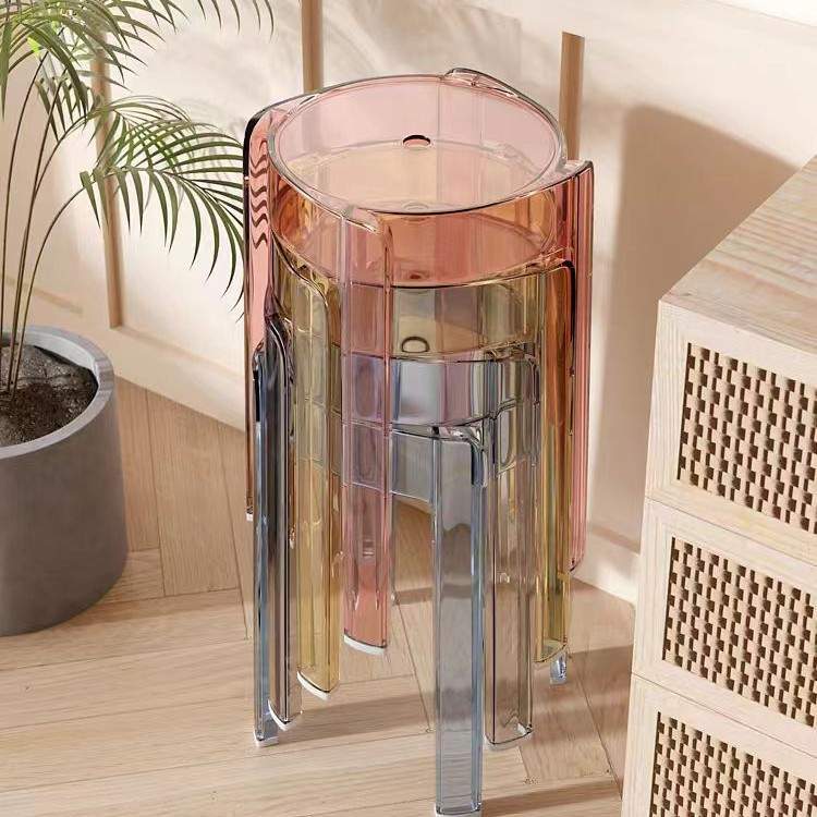 轻奢塑料透明凳子家用可亚克力加厚圆凳板凳椅子简约叠放客厅餐椅