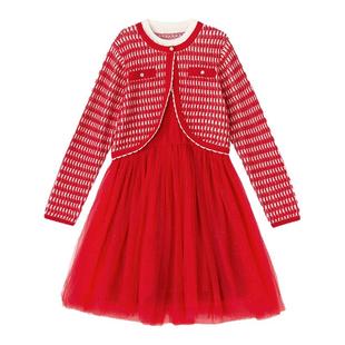 笛莎童装女童连衣裙冬季新款中童儿童女孩加绒香风公主裙红色新年