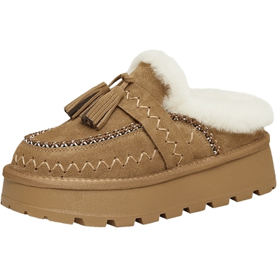 天美意绒绒拿铁厚底加绒保暖雪地靴棉鞋女短靴棉拖鞋子2025冬新款