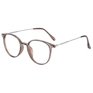 普莱斯眼镜女近视可配度数防蓝光素颜冷茶色超轻圆框镜架专业配镜