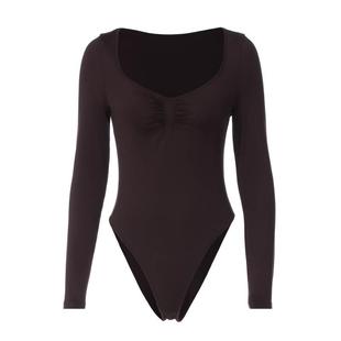 shemoda 欧美性感褶皱低领长袖暗扣连体衣女高腰弹力修身百搭上衣