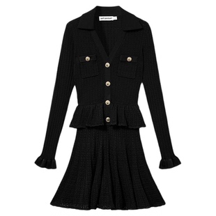 self-portrait 2025早秋新款经典黑气质通勤V领镂空针织连衣裙