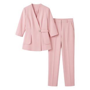 粉色西装外套女春夏收腰前台上班服正装设计风七分中袖工作服套装